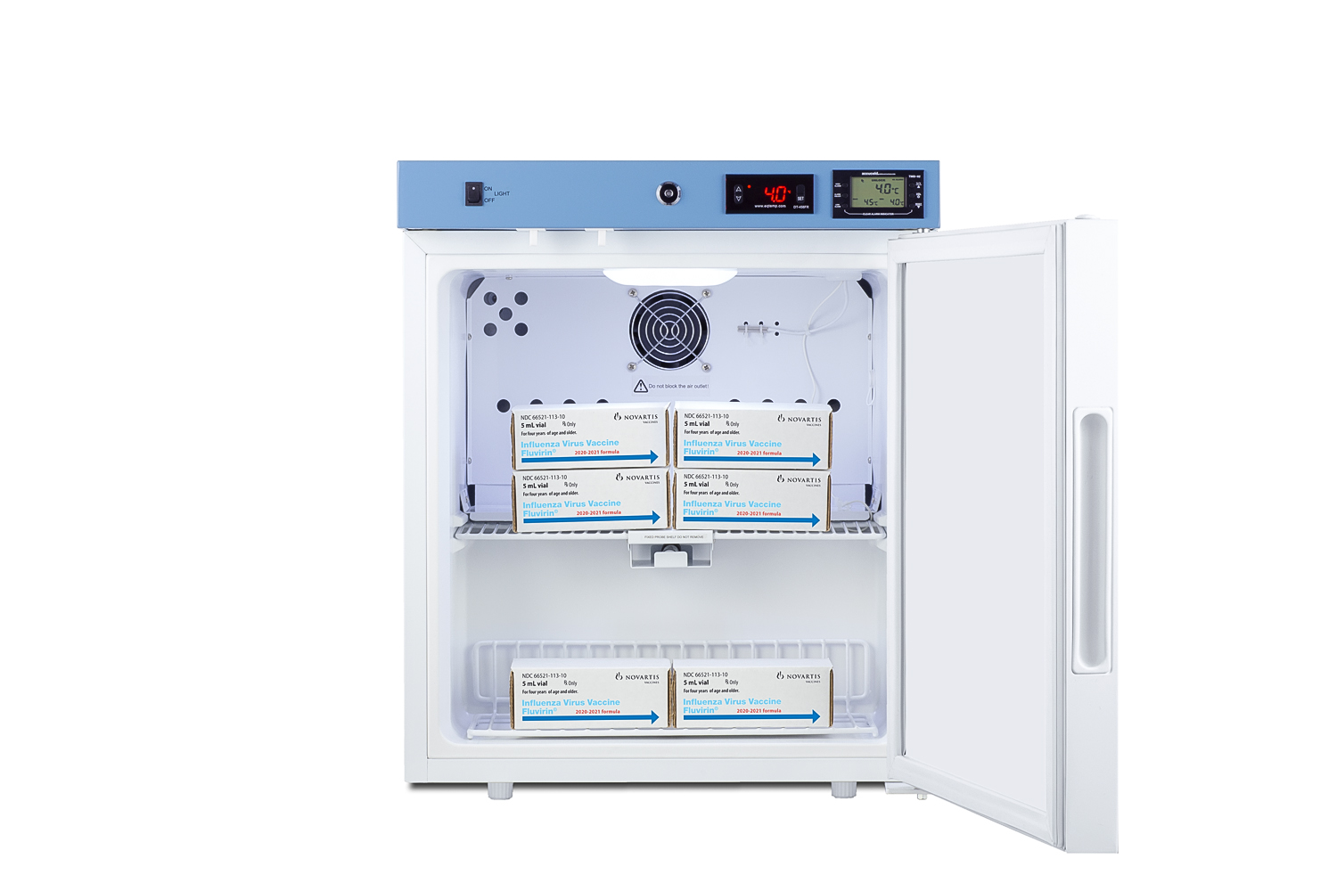 Compact healthcare all-refrigerator certified to NSF/ANSI 456 with self-closing solid door, front lock, digital controls, and NIST-calibrated temperature readout